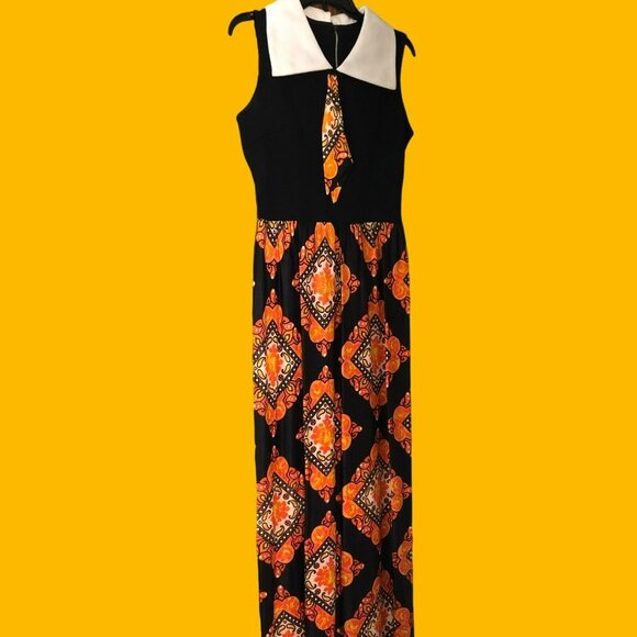 Artisan Dresses & Skirts - Hippie OOAK 70s Maxi Dress Paisley Orange Black Sz 10 Dress Empire Waist